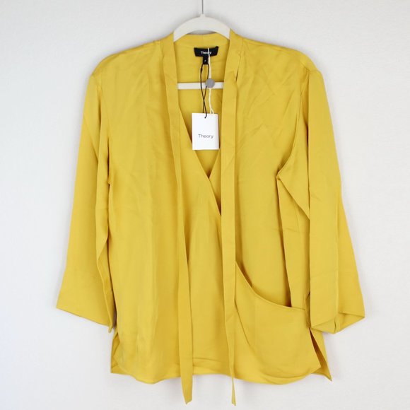 NWT Theory Silk V-neck Tie Blouse– Luxe Wrap Top for Office & Outings - Picture 2 of 15